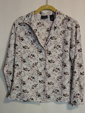 Laura Scott Petite White Button-Down Shirt with Brown Floral Print